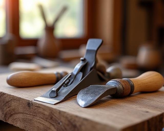 Primer plano de herramientas de ebanistería sobre madera de roble